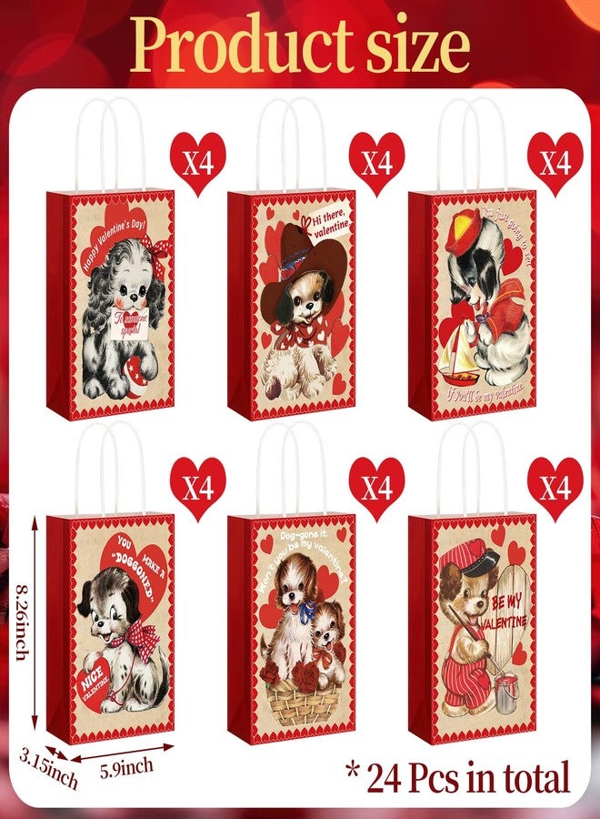 Trandraft 24 Pcs Vintage Valentine's Day Gift Bags with Handle Retro Valentines Love Heart Kraft Paper Goodie Bags for Valentines Treats Goody Holiday Party Supplies Favors(Dogs) - Image 3